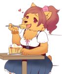  1girl brown_eyes brown_hair cake dog eating female furry partially_colored ponytail skirt solo toraneko_(38) white_background 