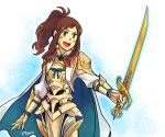  1girl armor blue_eyes brown_hair company_connection cosplay creatures_(company) fire_emblem fire_emblem_if game_freak intelligent_systems kamui_(fire_emblem) my_unit_(fire_emblem_if) my_unit_(fire_emblem_if)_(cosplay) nintendo open_mouth piyostoria pokemon pokemon_(game) pokemon_bw ponytail solo sword touko_(pokemon) 