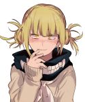  1girl bangs blonde_hair blush boku_no_hero_academia cardigan double_bun highres messy_hair monochrome school_uniform serafuku shina_000 simple_background smile solo toga_himiko upper_body yellow_eyes 