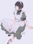  1girl apron arm_support black_hair cigarette commentary_request eyebrows_visible_through_hair freckles highres looking_at_viewer maid maid_headdress mary_janes mizuki_mau original parted_lips purple_background shoes short_hair simple_background sitting solo violet_eyes 