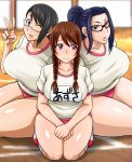  3girls bare_legs black_hair blue_eyes blue_hair blush braid breasts brown_eyes brown_hair buruma curvy embarrassed eyebrows eyebrows_visible_through_hair glasses gym_uniform highres huge_breasts indoors kneeling large_breasts legs long_hair looking_at_viewer looking_away multiple_girls one_eye_closed oreteki18kin original parted_lips pink_eyes ponytail raised_eyebrows semi-rimless_glasses shiny shiny_skin shoes short_hair short_sleeves sitting smile sneakers socks thick_thighs thighs twin_braids v white-framed_glasses wide_hips wink 