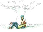  2girls blue_eyes blue_hair casual female mahou_shoujo_madoka_magica miki_sayaka multiple_girls nature outdoors partially_colored ponytail red_eyes redhead sakura_kyouko short_hair tree vividgrim 