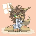  androgynous artist_request brown_hair dog full_body furry green_eyes indoors long_hair pajamas solo yawn 