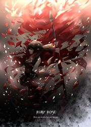  1girl character_name closed_eyes cross english muye petals rose_petals ruby_rose rwby scythe solo 