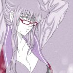  1girl 3mm breasts cleavage female gintama glasses hair_over_one_eye long_hair mole mole_under_eye partially_colored purple_hair sarutobi_ayame solo violet_eyes wet 