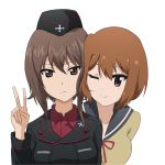  2girls anime_coloring blush breasts brown_eyes brown_hair garrison_cap girls_und_panzer hat looking_at_viewer military mp893 multiple_girls nishizumi_maho one_eye_closed red_eyes school_uniform short_hair simple_background smile takamiya_nasuno teekyuu uniform v white_background 