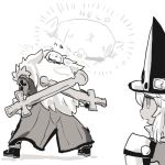  1boy 1girl dog dual_wielding guilty_gear guilty_gear_xrd hat leo_whitefang lowres monochrome negi_(kyouki-beya) ramlethal_valentine 