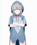  1girl animal_hood bangs blush character_name chilli_646 closed_mouth crossed_arms eyebrows_visible_through_hair feet_out_of_frame girls_frontline grey_hair highres hood long_hair looking_at_viewer m200_(girls&#039;_frontline) shark_hood solo standing upper_body violet_eyes white_background 