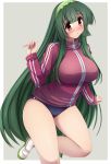  1girl blush breasts buruma female green_hair gym_uniform hair_ornament hairband huge_breasts long_hair looking_at_viewer orange_eyes shirt shoes simple_background solo standing thighs touhoku_zunko track_jacket track_suit turtleneck very_long_hair vocaloid voiceroid yellow_eyes yuzumiya_mono 