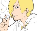  1boy blonde_hair cigarette hair_over_one_eye male_focus monochrome one_piece partially_colored sanji smoking solo spot_color white_background 