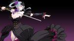  1girl armpits bare_shoulders black_dress blush breasts cleavage dress edwalda_the_black_princess fighting_stance flower game_cg garter_straps hair_flower hair_ornament highres holding holding_sword holding_weapon huge_breasts legs long_hair looking_away mole ponytail sagara_riri scarf simple_background smile solo standing sword thigh-highs thighs tokeidai_no_jeanne:_jeanne_&agrave;_la_tour_d&#039;horloge weapon white_hair yellow_eyes 