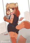  1girl brown_eyes brown_hair female furry indoors long_hair open_mouth raccoon skirt solo toraneko_(38) 