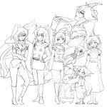  6+girls animal_ears arthuria_(camel) belt boots broken_horn bunny_tail camel_(dansen) chrono_(camel) cyborg_009 demon_girl everyone giantess kyu_(dgallon) milia monochrome monocle multiple_girls oni puki_(dgallon) rabbit_ears ringlets sachiho sakazuki scarf simple_background size_difference sketch tail tgo-07 top_hat usako_(camel) ushi-oni_(camel) winter_clothes 