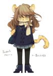  1girl briefcase brown_eyes brown_hair cheetach female full_body furry inumimi-syndrome long_hair school_uniform simple_background skirt solo uniform white_background 