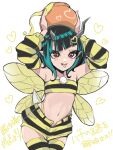  1girl alternate_costume arthropod_girl bandeau bangs bee_girl black_bandeau black_hair black_legwear black_sleeves blue_hair blush commentary_request cowboy_shot demon_horns detached_sleeves fang flat_chest heart highres honey honeypot horns insect_wings looking_at_viewer medium_hair navel open_mouth panyatteria pointy_ears red_eyes shishio_chris shorts simple_background smile solo stinger striped striped_bandeau striped_legwear striped_shorts striped_sleeves sugar_lyric thigh-highs tongue tongue_out translation_request virtual_youtuber white_background wings yellow_bandeau yellow_legwear yellow_sleeves 