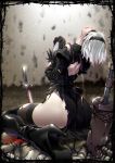  1girl ass blindfold boots katana kneeling looking_up nier_(series) nier_automata silver_hair solo sword thigh-highs thigh_boots torn_clothes weapon yorha_no._2_type_b zunta 
