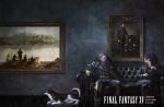  2boys chocobo couch cover father_and_son final_fantasy final_fantasy_xv magazine_cover multiple_boys noctis_lucis_caelum official_art painting regis_lucis_caelum square_enix 