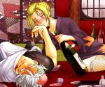  1boy 1girl 3mm alcohol blonde_hair blood blush drunk folded_ponytail gintama hand_holding japanese_clothes lying nosebleed sakata_gintoki scar sitting tsukuyo tsukuyo_(gintama) unconscious violet_eyes 