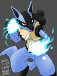  androgynous ehime_mikan furry glowing lucario pokemon simple_background solo yellow_eyes 