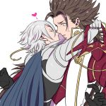  2boys blush fire_emblem fire_emblem_if flat_color hug kiss male_focus multiple_boys my_unit_(fire_emblem_if) ryouma_(fire_emblem_if) simple_background size_difference sweat u_(lastcrime) white_background yaoi 