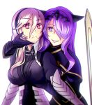  2girls breast_grab breasts camilla_(fire_emblem_if) female_my_unit_(fire_emblem_if) fire_emblem fire_emblem_heroes fire_emblem_if groping highres intelligent_systems kamui_(fire_emblem) large_breasts multiple_girls my_unit_(fire_emblem_if) nintendo parted_lips pink_eyes purple_hair serious violet_eyes you_gonna_get_raped yuri 
