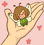 1girl blush brown_hair fairy fairy_wings glasses green_dress holding looking_at_viewer minigirl nikki_(swapnote) pink_background smile swapnote wings