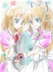  2girls apron blonde_hair blue_eyes breasts dress dual_persona fingerless_gloves fish frills gloves lilith_aileron long_hair multiple_girls ponytail smile tales_of_(series) tales_of_destiny 
