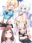  &gt;_&lt; &gt;o&lt; 4girls a.i._channel back bare_shoulders blonde_hair blue_eyes blush breasts brown_hair cleavage clenched_hands dennou_shoujo_youtuber_shiro esoragoto gloves highres install! kaguya_luna kaguya_luna_(character) kizuna_ai large_breasts meme_attire mirai_akari mirai_akari_project multiple_girls navel pleated_skirt sailor_collar shiro_(dennou_shoujo_youtuber_shiro) short_hair side_ponytail sideboob simple_background skirt sleeveless suspenders twintails virgin_killer_sweater virtual_youtuber white_background white_gloves white_hair 