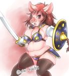  1girl armor artist_request bikini breasts brown_eyes female furry gradient gradient_background long_hair open_mouth pig redhead solo sword white_background 