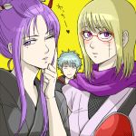  1boy 2girls 3mm blonde_hair blush cosplay costume_switch gintama glasses long_hair mole mole_under_eye multiple_girls purple_hair sakata_gintoki sarutobi_ayame sarutobi_ayame_(cosplay) scar short_hair tsukuyo tsukuyo_(cosplay) tsukuyo_(gintama) violet_eyes wink 