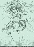  1girl bee bee_girl breasts cleavage female hat insect_girl maximum_tokio monochrome monster_girl q-bee solo swimsuit vampire_(game) wings 