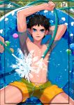  abs black_hair blue_eyes grass looking_at_viewer male_focus multiple_boys muscle naughty_face nipples outdoors pool shota summer topless water 