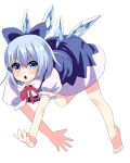  1girl barefoot blue_eyes blue_hair bow cirno douji hair_bow highres ice ice_wings open_mouth solo touhou white_background wings 