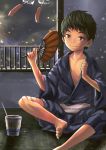  1boy b_gent barefoot brown_eyes brown_hair child fan feet indoors japanese_clothes looking_at_viewer male_focus original short_hair sitting solo toes 