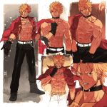  abs bara blonde_hai blood collar jewelry king_of_fighters leash looking_at_viewer male_focus muscle nikism pecs piercing pov shen_woo smirk tagme undressing 