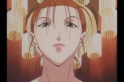  1girl 90s animated animated_gif baise blue_eyes brown_hair earrings hunter_x_hunter jewelry licking_lips lips solo tongue tongue_out 