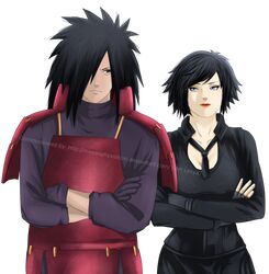  1boy 1girl armor black_hair blue_eyes brown_eyes cleavage lipstick long_hair makeup naruto red_lipstick short_hair uchiha_madara 