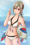  1girl alternate_hairstyle bikini cute dragon_girl elf female_my_unit_(fire_emblem_if) female_swimwear fire_emblem fire_emblem_heroes fire_emblem_if flower fran&ccedil;oise_(pixiv_id_20369720) intelligent_systems kamui_(fire_emblem) lilith_(fire_emblem_if) looking_at_viewer my_unit_(fire_emblem_if) navel nintendo parted_lips pinty_ears plushie ponytail solo summer swimsuit toy v v_sign water white_bikini white_hair 