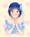  1girl artist_request bare_shoulders blue_hair blush bow breasts collarbone hair_bow hair_ribbon hands_clasped heart heart-shaped_pupils highres large_breasts looking_at_viewer mole naked_ribbon nisekoi red_eyes ribbon short_hair shounen_jump solo symbol-shaped_pupils tsugumi_seishirou 