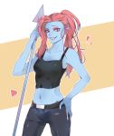  1girl bare_shoulders belt blue_skin breasts head_fins long_hair redhead sharp_teeth spear teeth undertale undyne 