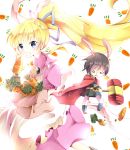  1boy 1girl apron belt black_hair blonde_hair blue_eyes blush boots cape carrot dress frills leon_magnus lilith_aileron long_hair open_mouth pants ponytail rabbit_ears short_hair tales_of_(series) tales_of_destiny 