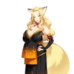  1girl akeiro_kaikitan animal_ears bare_shoulders blonde_hair breasts choker cleavage elbow_gloves fox_ears fox_tail game_cg gloves hands_on_hips happy highres huge_breasts japanese_clothes katsuragi_youko legs long_hair looking_at_viewer red_eyes simple_background smile solo standing sumeragi_kohaku tail thighs white_background 