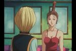  1boy 1girl 90s animated animated_gif baise bare_shoulders black_eyes blonde_hair blue_eyes braid breasts brown_hair camisole cleavage earrings hunter_x_hunter jewelry kurapika large_breasts lips lipstick long_hair makeup naughty_smile short_hair subtitled tabard training_suit 