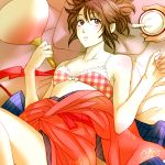  1girl 3mm bra brown_hair flat_chest gintama japanese_clothes lying shimura_tae solo underwear 