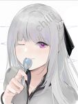  1girl ak-12_(girls&#039;_frontline) artist_name bangs black_ribbon braid chilli_646 closed_mouth eyebrows_visible_through_hair french_braid girls_frontline hair_between_eyes hair_ribbon highres holding holding_spoon long_hair looking_at_viewer one_eye_closed ribbon silver_hair simple_background smile solo spoon upper_body utensil_in_mouth violet_eyes white_background 