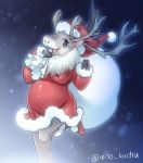  1girl artist_request breasts brown_eyes carrying deer dress female furry gradient gradient_background hat open_mouth outdoors package santa_costume sky solo 
