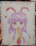  1girl animal_ears blush busujima_tetoro carrot colored_pencil_(medium) eating food food_on_face heart necktie photo purple_hair rabbit_ears red_eyes reisen_udongein_inaba shirt short_sleeves solo spoken_heart touhou traditional_media 