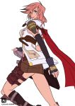  1girl alex_glimes aqua_eyes boots cape final_fantasy final_fantasy_xiii fingerless_gloves gloves highres lightning_farron long_hair looking_at_viewer miniskirt pink_hair skirt solo weapon 