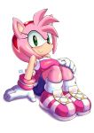  1girl 2016 amy_rose bare_shoulders blush coolblue footwear furry gloves green_eyes headband pink_hair short_hair shorts signature simple_background sitting smile solo sonic_the_hedgehog 