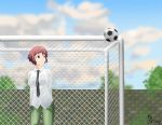  10s 1girl armless artist_name artist_request ball blue_sky blurry clouds cowboy_shot depth_of_field football_(object) goal katawa_shoujo necktie outdoors saddrex school_uniform sky soccer_ball solo spanish standing telstar tezuka_rin tree 